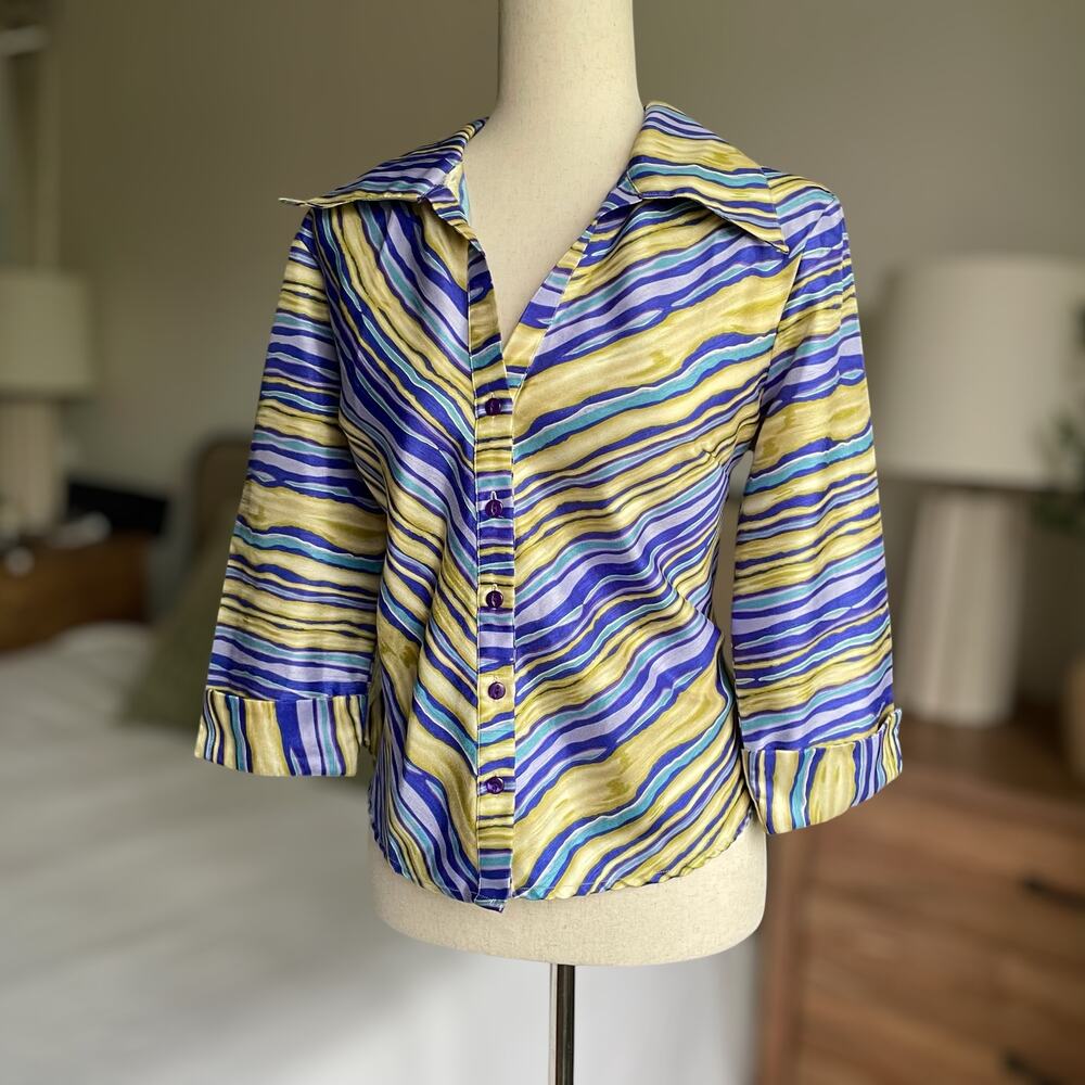 90s VTG Selene Sport Wavy Striped Top Womens M Blue Green Button-Up Shirt Retro